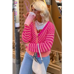 Azura Exchange Roze Gestreepte Geknoopte V-Hals Drop Shoulder Cardigan