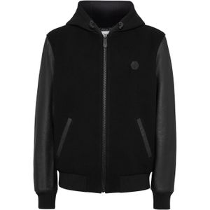 Philipp Plein - Hoodie Sweatjacket - Zwart - Leer - Varsity-stijl met Strass Skull&Bones print