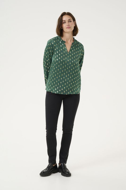 Blouse - Groen - Regular Fit - Lange Mouwen - Met Foliedruk