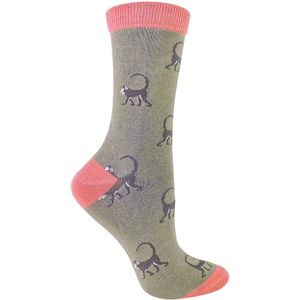 Miss Sparrow - Dames Animal Design BamboeSokken - Monkey (Olive)