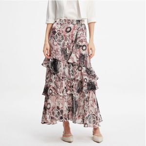 Lange Chiffon Rok Met Ruches Bloemenprint - Maat S