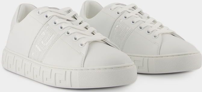 Versace - Witte Sneakers - Katoen - Vetersluiting - Ronde Neus