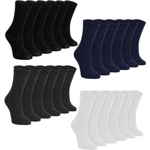 24 Paar Multipack Kinder Schoolsokken | Gebreide Effen Katoenen Sokken in Zwart/Wit/Grijs/Marineblauw voor Jongens en meisjes - Assortiment