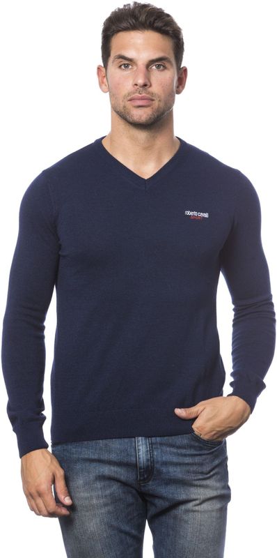 Roberto Cavalli - Heren Trui - Blauw - Viscose - V-halslijn - Logo-borduurwerk