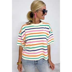 Azura Exchange Beige Stripe Verlaagde Korte Mouwen Boxy Fit Gebreide Top