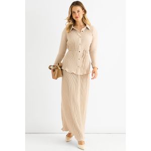 Beige plissé maxi-rok met elastische tailleband