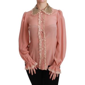 Dolce & Gabbana Roze Zijde Gouden Pailletten Kanten Blouse Shirt