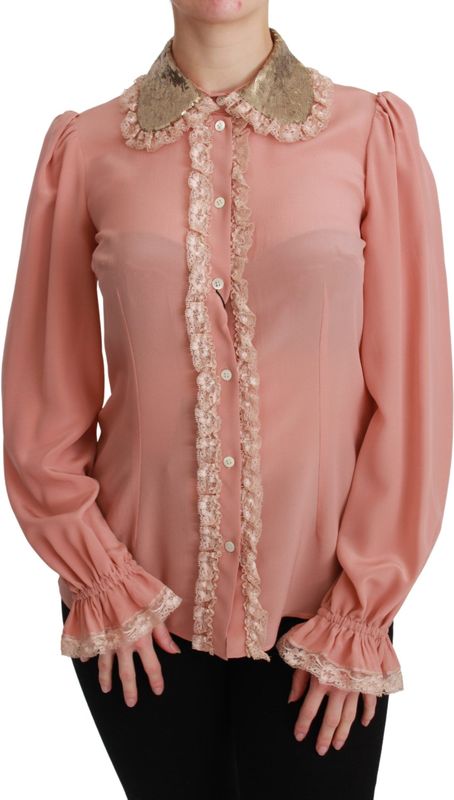 Dolce & Gabbana Roze Zijde Gouden Pailletten Kanten Blouse Shirt