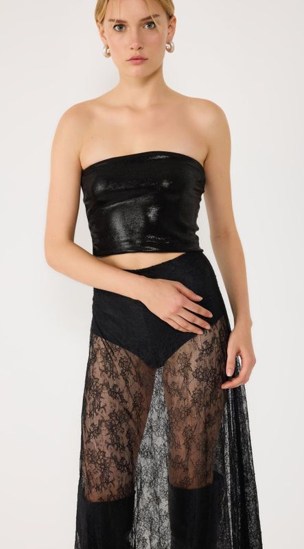 Zwarte Glanzende Stoffen Strapless Crop Top