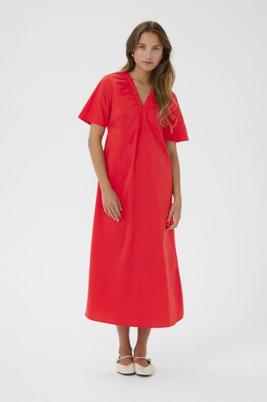 Jurk - Fitted - Fiery Red - Midi Lengte - Korte Mouwen