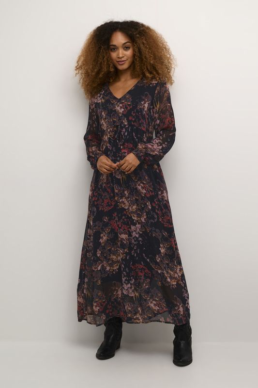 Cream - Jurk - Gemengde Kleuren - V-hals - Lange Mouw - Maxi Lengte