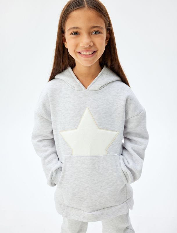 Koton - Sweatshirt - Grijs Gemêleerd/Wit - Met Capuchon - Normale Pasvorm