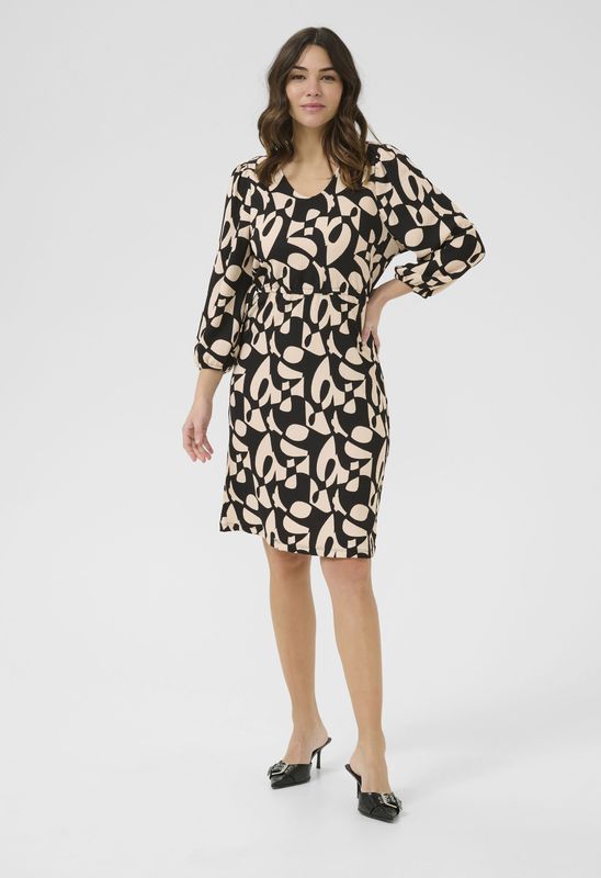 Kaffe - Katrine - Jurk - Beige/Zwart - Knielengte