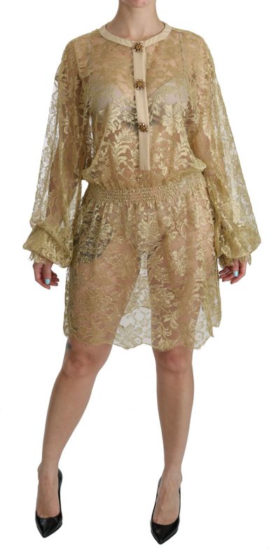 Dolce & Gabbana - A-Lijn Jurk - Goud - Korte Mouwen - Knielengte - 100% Authentiek