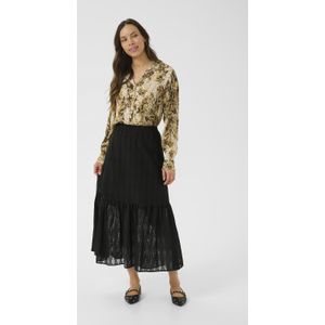 Cream - Midi Rok - Zwart - A-lijn - Katoen met Ruches