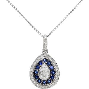 9kt witgoud 0,25 ct blauwe saffier en diamanten afwisselende druppelvormige hanger met ketting van 40 cm