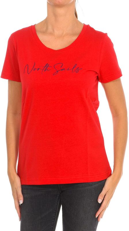 North Sails - T-shirt - Rood - Dames - Katoen - Korte Mouwen met Geribbelde Hals