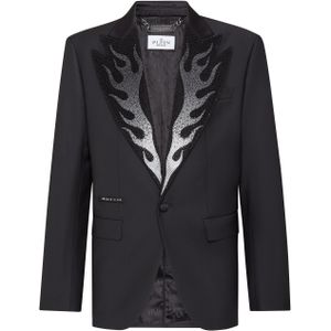 Philipp Plein - Wool Blazer Lord Fit - Zwart - Heren - Met Satijnen Piek Revers en Strass Vlamdecoratie