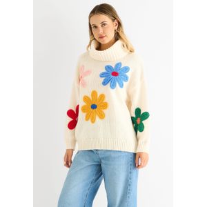 Crème gebloemde applique oversized trui