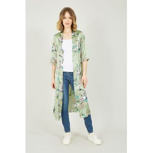 Yumi kakigroene satijnen kimono met kraanvogelprint