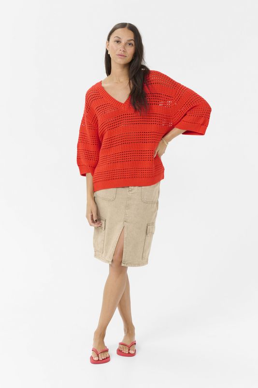 Kaffe - Kateresa Knit Pullover - Rood - V-hals - Halve Mouwen