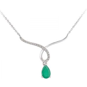 9ct witgouden halsketting met diamanten en druppelvormige smaragd met twist-ontwerp