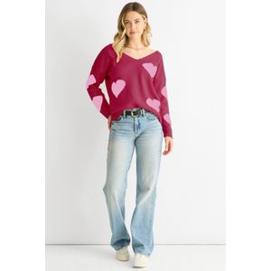 Rode oversized gebreide trui met V-hals en hartmotief