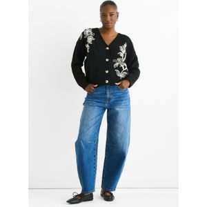 Zwarte Bloemenapplicatie Wolmix Cardigan