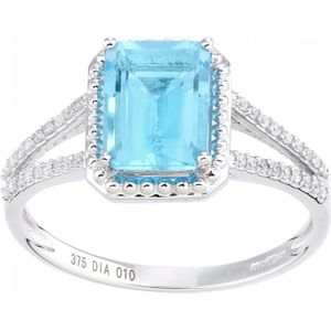 9kt witgouden ring met 0,1 ct diamant en blauwe topaas