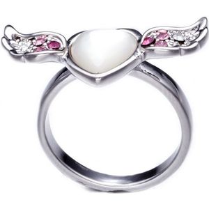 Swarovski - Parelmoeren ring met hart en vleugel met roze en witte Swarovski Elements-kristallen