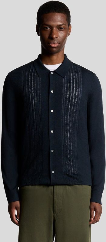 Lyle & Scott wolmix kabelgebreid overhemd - zwart