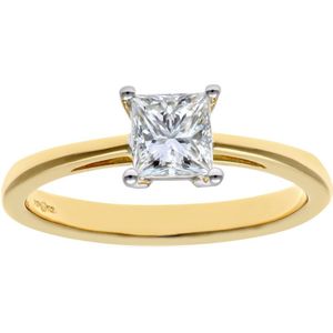 18kt geelgouden 3/4 karaat gecertificeerde J/I prinses geslepen diamanten verlovingsring