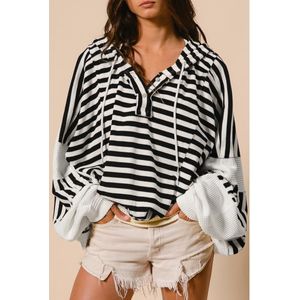 Azura Exchange Zwart-wit Overmaat Gestreepte Henley Knopen Dolman Mouw Hoodie Top