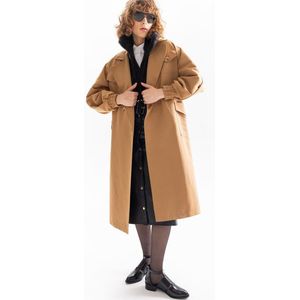 Kameel Trenchcoat met Elastische Tailleband en Ballonmouwen