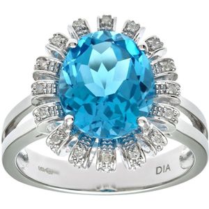 9ct witgouden ring met blauwe topaas en diamanten bloemencluster