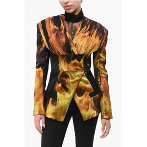 Bedrukt satijnen FIRE kraagloos colbert in oranje