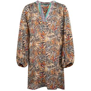 Inoa Golden Eagle Brown Long Sleeve Silk V-Neck Dress - Maat 38