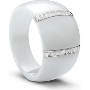 Zilveren ring met witte keramiek en witte zirkoniakristallen