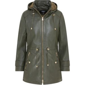 Dames groene leren parka met afneembare borg capuchon en trenchcoat - Trekker