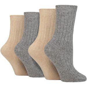 Wildfeet - 4 Paar Dames Cashmere Boot Sokken | Ribgebreide Wollen Bed Sokken - Grijs / zand