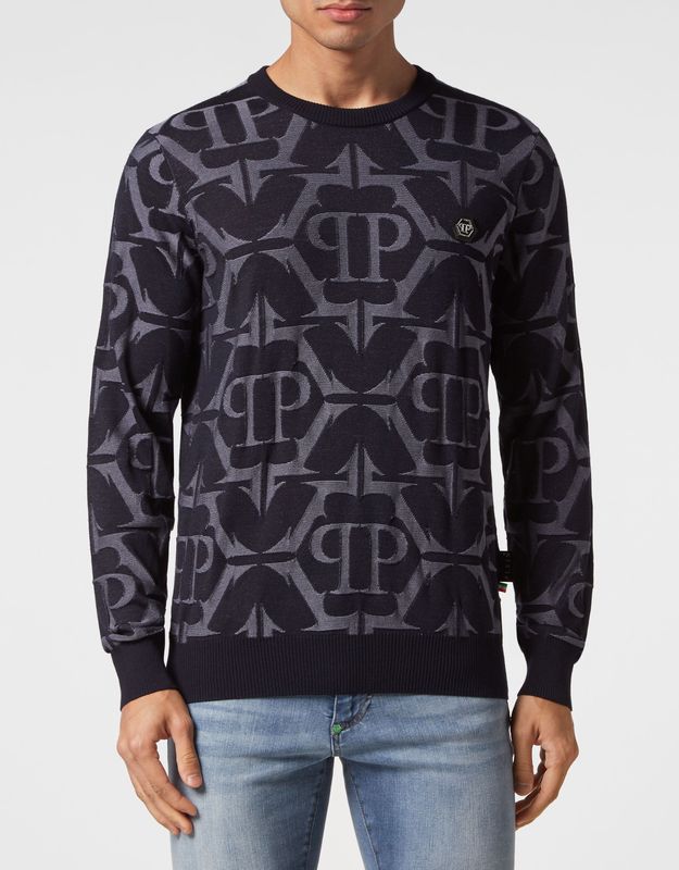 Philipp Plein - Pullover Ronde Hals Chrome - Gebreide Trui - Zwart - Merinowol en Zijde
