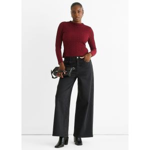 Bordeauxrode top met hoge hals, jersey en kanten lange mouwen