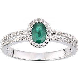 18kt witgouden ovale ring met diamant en smaragd met diamanten schouders