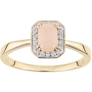 9ct geelgouden diamanten en roze opaal edelsteen rechthoekig geslepen ring
