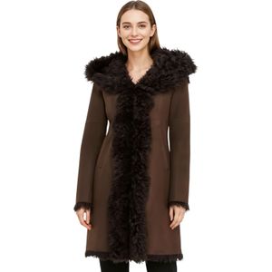 Dames bruine Toscaanse trenchcoat met capuchon van echt schapenleer - Verona