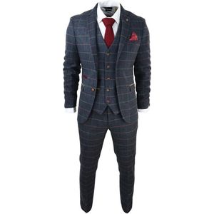 Marineblauw tweed geruit 3-delig pak voor heren