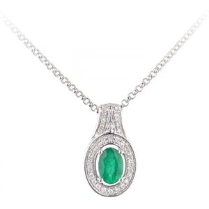 18kt witgouden ovale hanger met smaragd en diamant