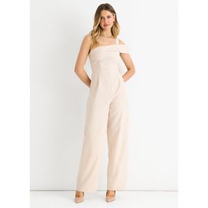 Crème Geweven Jumpsuit met één schouder en wijde pijpen