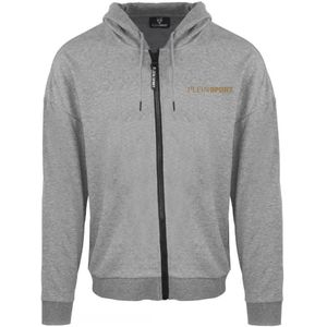 Plein Sport-logo op de grijze hoodie met ritssluiting aan de achterkant