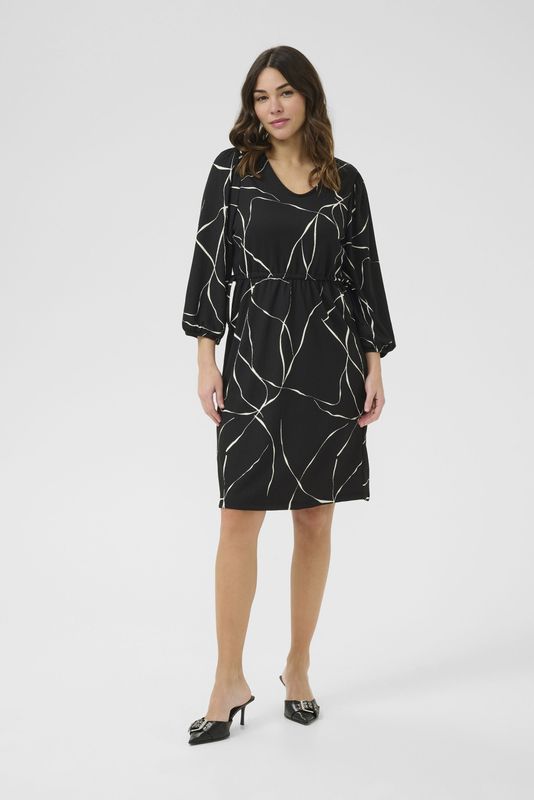 Kaffe - Jurk Katrine - Zwart/Wit - Cocktailjurk - Knielengte - Driekwart Mouw